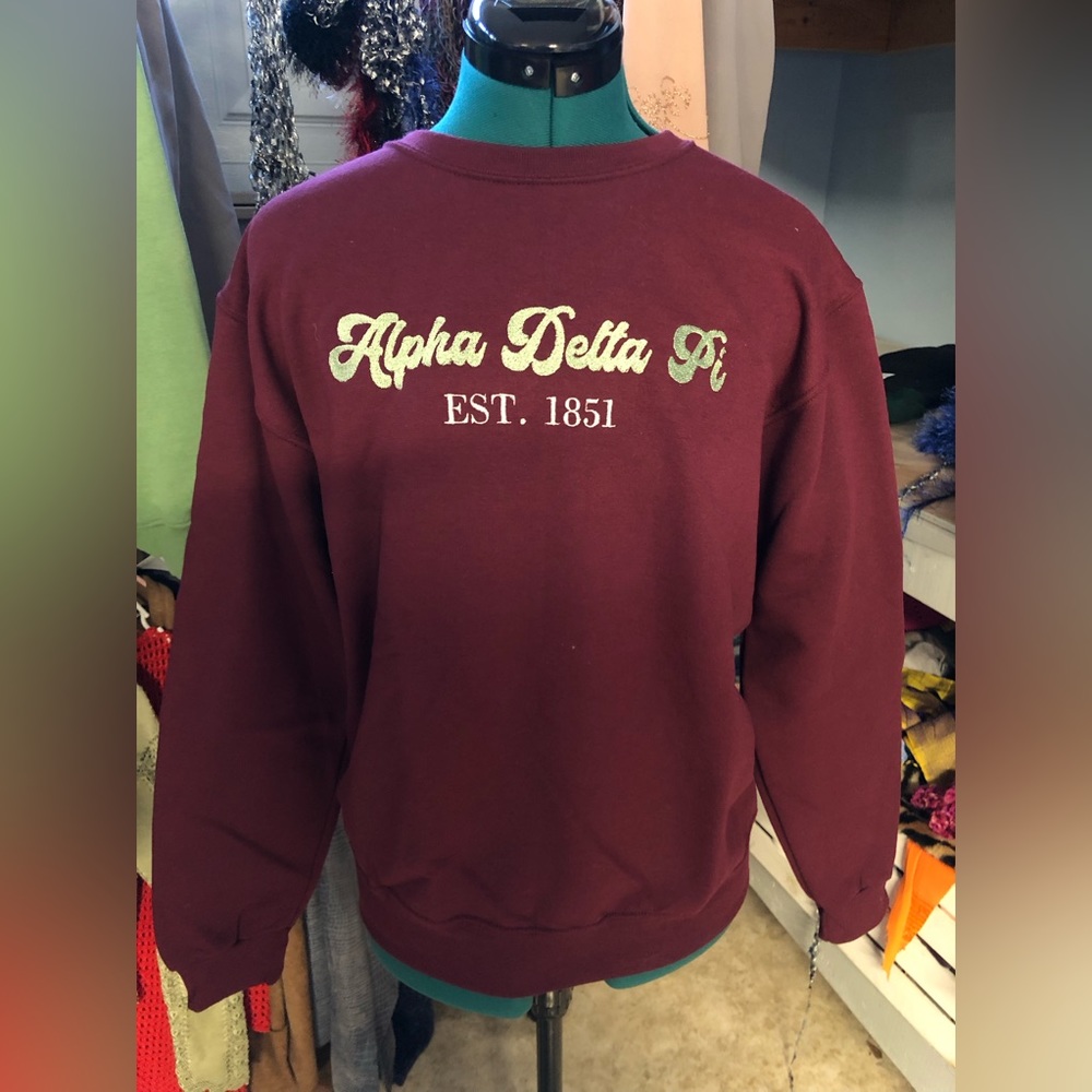 Embroidered Alpha delta phi sweatshirt.